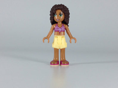 LEGO Minifigure-Andrea, Bright Light Yellow Shorts, Magenta and White Striped Bikini Top-Friends-FRND087-Creative Brick Builders