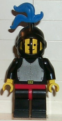 LEGO Minifigure-Breastplate - Black, Black Legs with Red Hips, Black Grille Helmet, Blue Plume, Black Cape-Castle-CAS176-Creative Brick Builders