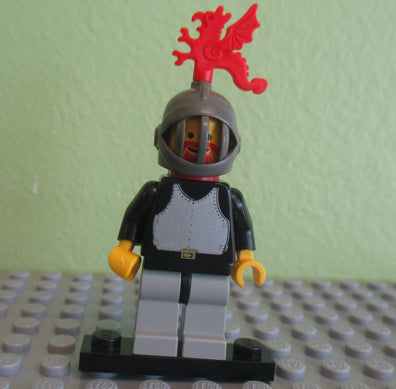 LEGO Minifigure-Breastplate - Black, Light Gray Legs with Black Hips, Dark Gray Grille Helmet, Red Cape-Castle-CAS174-Creative Brick Builders