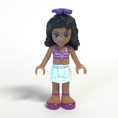 LEGO Minifigure-Kate, Light Aqua Layered Skirt, Magenta Bikini Top, Dark Purple Flower-Friends-FRND057A-Creative Brick Builders